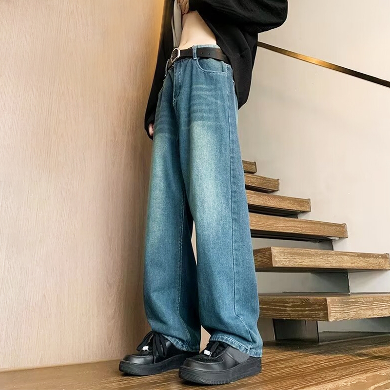 COOYA กางเกงยีนส์วินเทจ กางเกงยีนส์ผู้ชาย ทรงตรง ทรงหลวม สีฟ้าวินเทจ สไตล์อเมริกัน ไฮสตรีท ฮิปฮอป