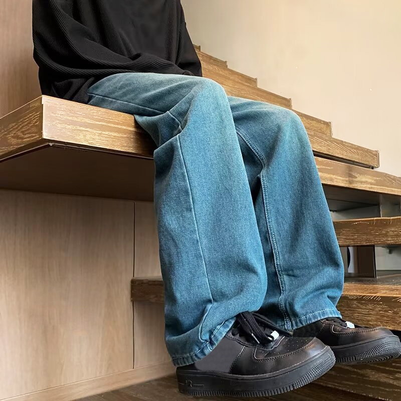 COOYA กางเกงยีนส์วินเทจ กางเกงยีนส์ผู้ชาย ทรงตรง ทรงหลวม สีฟ้าวินเทจ สไตล์อเมริกัน ไฮสตรีท ฮิปฮอป