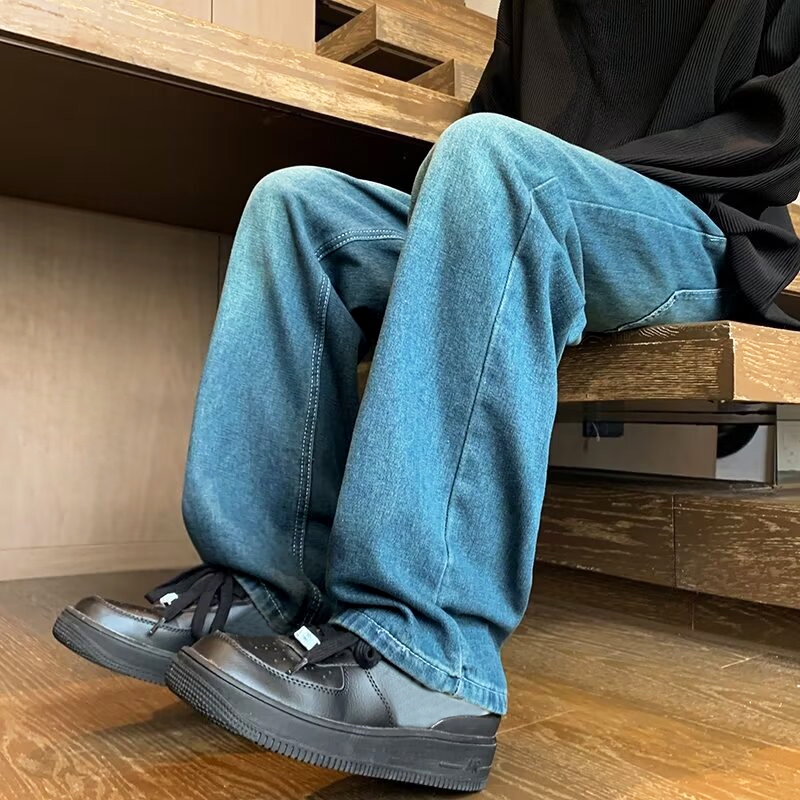 COOYA กางเกงยีนส์วินเทจ กางเกงยีนส์ผู้ชาย ทรงตรง ทรงหลวม สีฟ้าวินเทจ สไตล์อเมริกัน ไฮสตรีท ฮิปฮอป