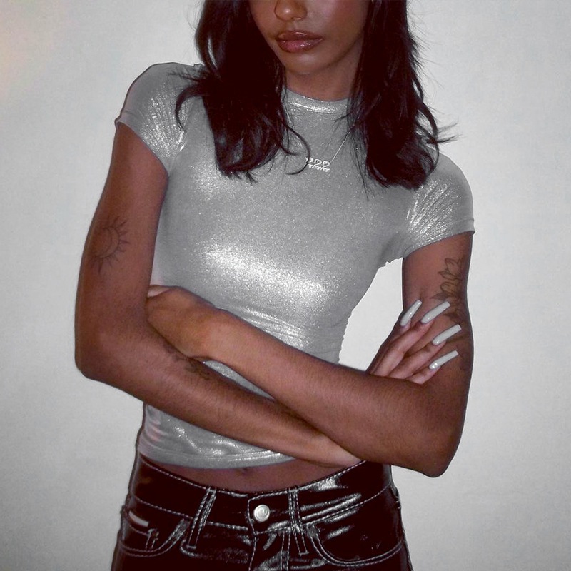 Y2k Vintage O คอผู้หญิงเงินเสื้อยืดแขนสั้นเซ็กซี่ Slim Crop Top 2024 แฟชั่นฤดูร้อน Tees