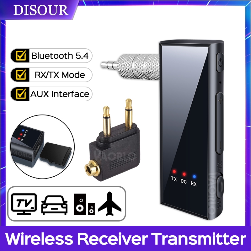 Disour 2 In 1 บลูทูธ 5.4 เครื่องส่งสัญญาณเสียง 3.5 มม.AUX แจ็คเครื่องบินอะแดปเตอร์ไร้สายพร้อมไมโครโฟนสําหรับทีวีรถชุดลําโพง