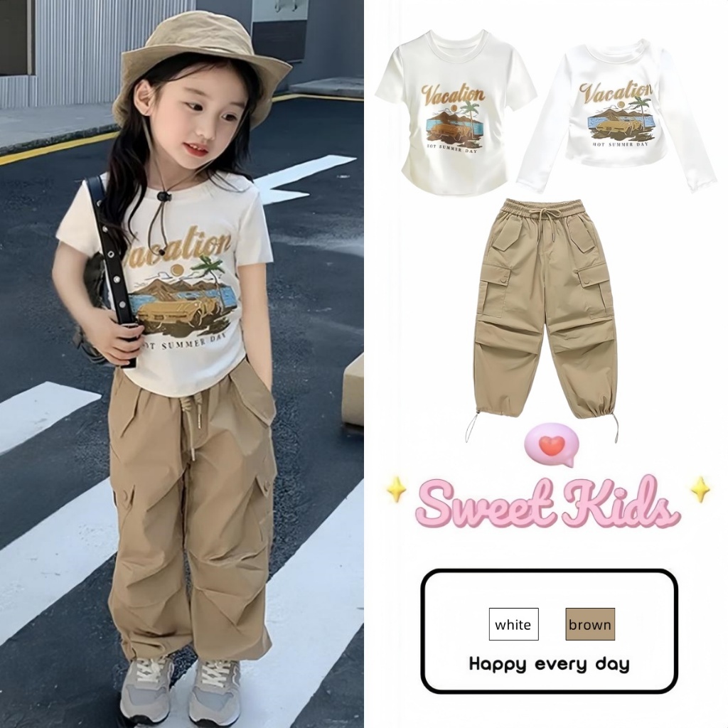 SweetKids พร้อมส่งจากกทม🌸ชุดเซ็ทเด็กผู้หญิงแฟชั่น🍓ชุดสูทเด็กลำลอง เสื้อผ้าคอกลมกางเกงคาร์โก้ ทรงหลวม สไตล์เกาหลี ใส่สบาย ฤดูร้อน