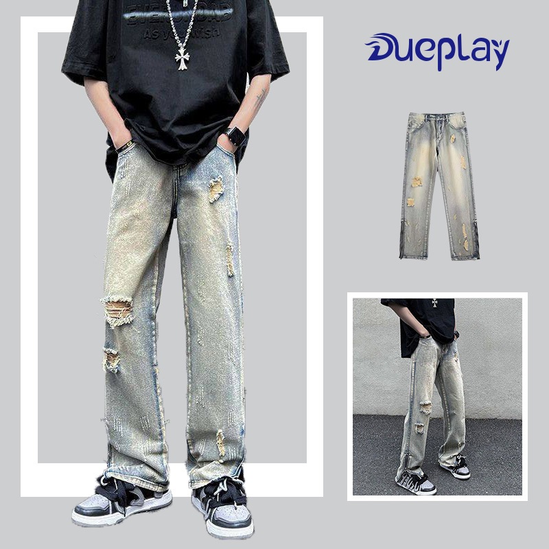 Dueplay กางเกงยีนส์ผู้ชาย กางเกงยีนส์ขายาว แต่งซิป ไฮสตรีท ฮิปฮอป ขาดเข่า ทรงหลวม สไตล์เมกา สีเฟด ทรงสวย สีสวย สไตล์เรโทร