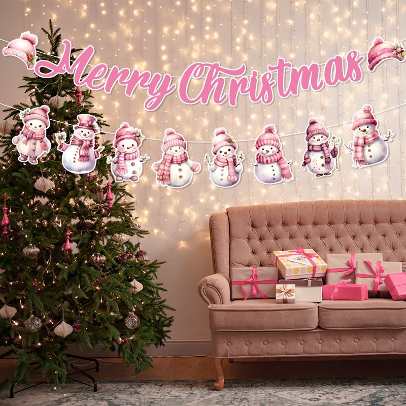 คริสต์มาส Snowman แขวนธงสีชมพู Merry Christmas แบนเนอร์น่ารัก Snowman ออกแบบ Fireplace แขวนผนังตกแต่งวันหยุด Xmas Decor