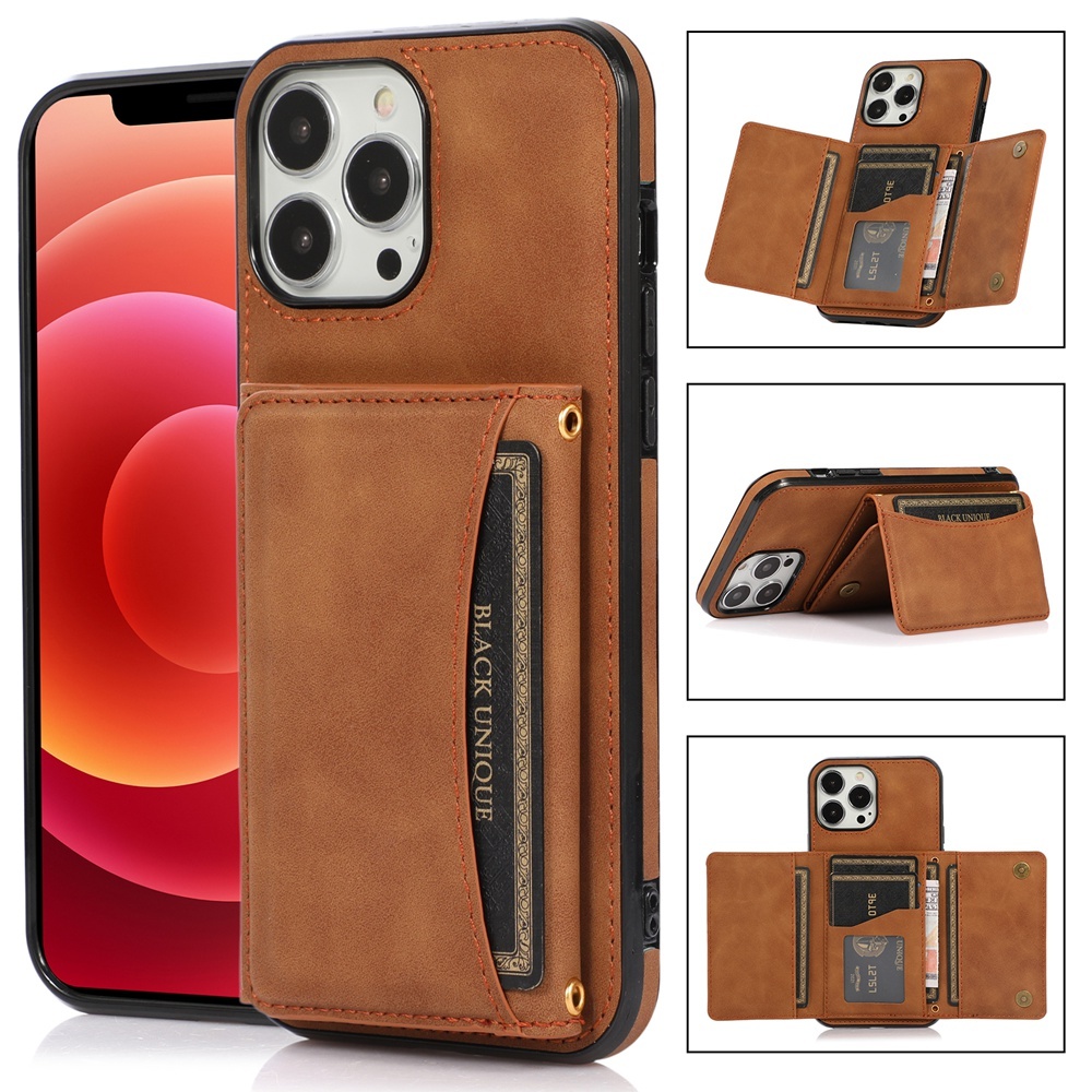 Triple พับช่องใส่การ์ดหนังสําหรับ iPhone 16 15 14 13 12 Pro Max 16 Plus 11 13 Mini Stand Holster กระเป๋าสตางค์