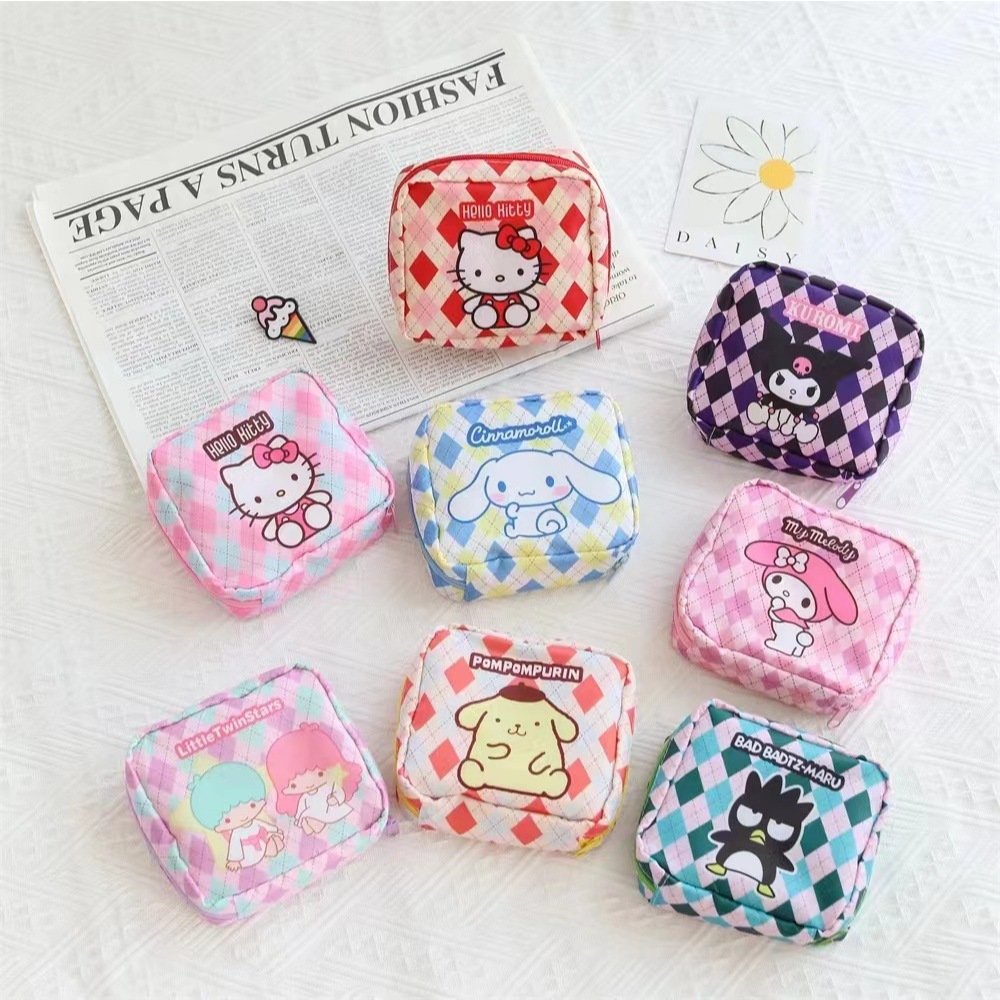 การ์ตูน Sanrio กระเป๋าเก็บผ้าอนามัยน่ารัก Kuromi Melody Cinnamoroll กระเป๋าเครื่องสําอางกระเป๋าลิปสติกแบบพกพา