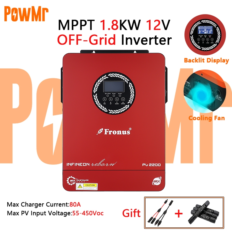 PowMr MPPT 1800W ในตัว 80A ตัวควบคุมการชาร์จพลังงานแสงอาทิตย์ไฮบริดอินเวอร์เตอร์พลังงานแสงอาทิตย์ 230Vac PV เริ่มต้นแรงดันไฟฟ้า 55Voc 50/60Hz Auto Pure Sine Wave อินเวอร์เตอร์