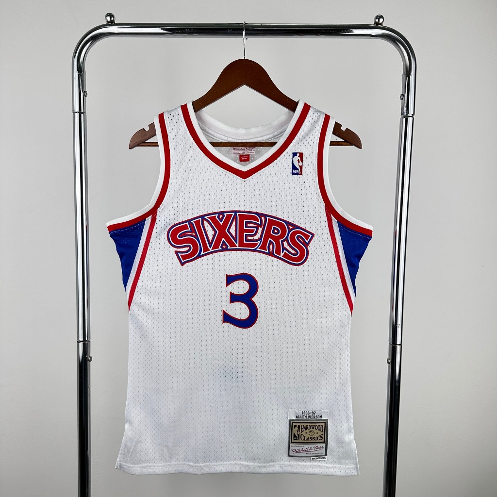 Hot Press เสื้อบาสเก็ตบอล Mens Philadelphia 76ers Allen Iverson Mitchell Ness 1996-97 ไม้เนื้อแข็ง C