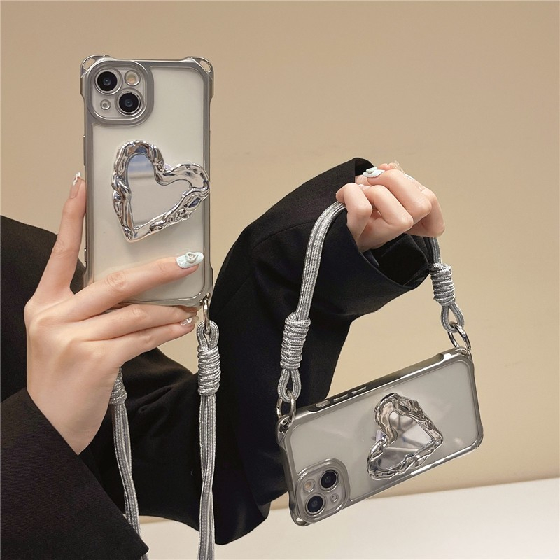ชุบหัวใจวงเล็บcrossbody LanyardสําหรับiPhone 11 13 12 14 15 16 Pro Max XS Max XR XS X 7 8 Plusผู้ถือฝาครอบโทรศัพท์นุ่ม