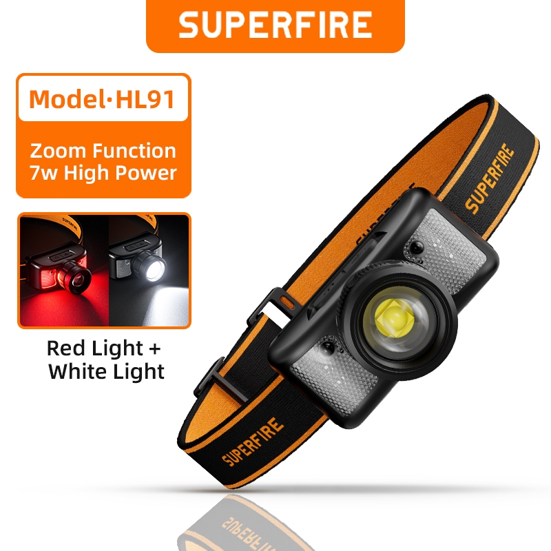 Superfire HL91-X 2W ไฟหน้า LED แบบพกพา Super Bright ซูมไฟหน้าเหนี่ยวนํา USB-C ชาร์จหัวไฟฉาย