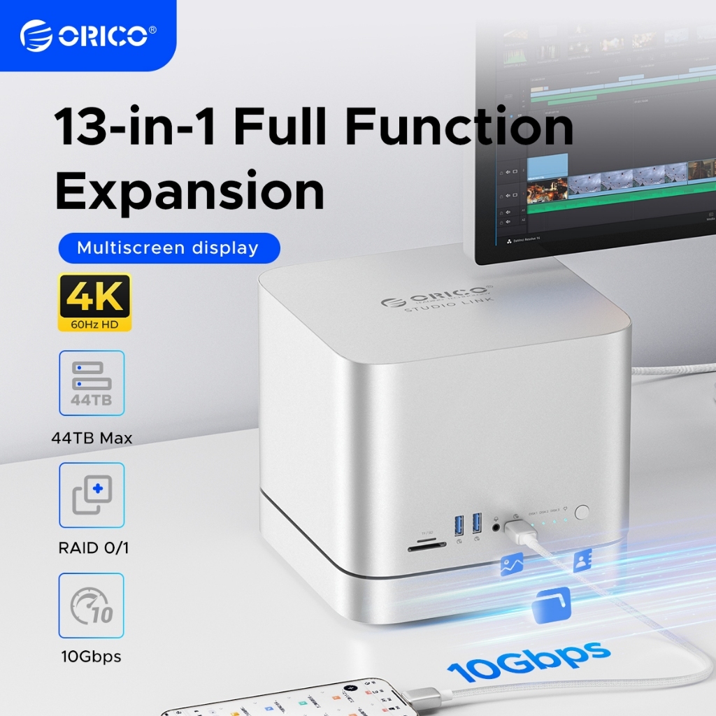 Orico StudioLink USB C HUB HDD Enclosure 3.5 SATA 44TB NVME 8TB M.2 SSD Enclosure การขยาย 4K @ 60HZ 