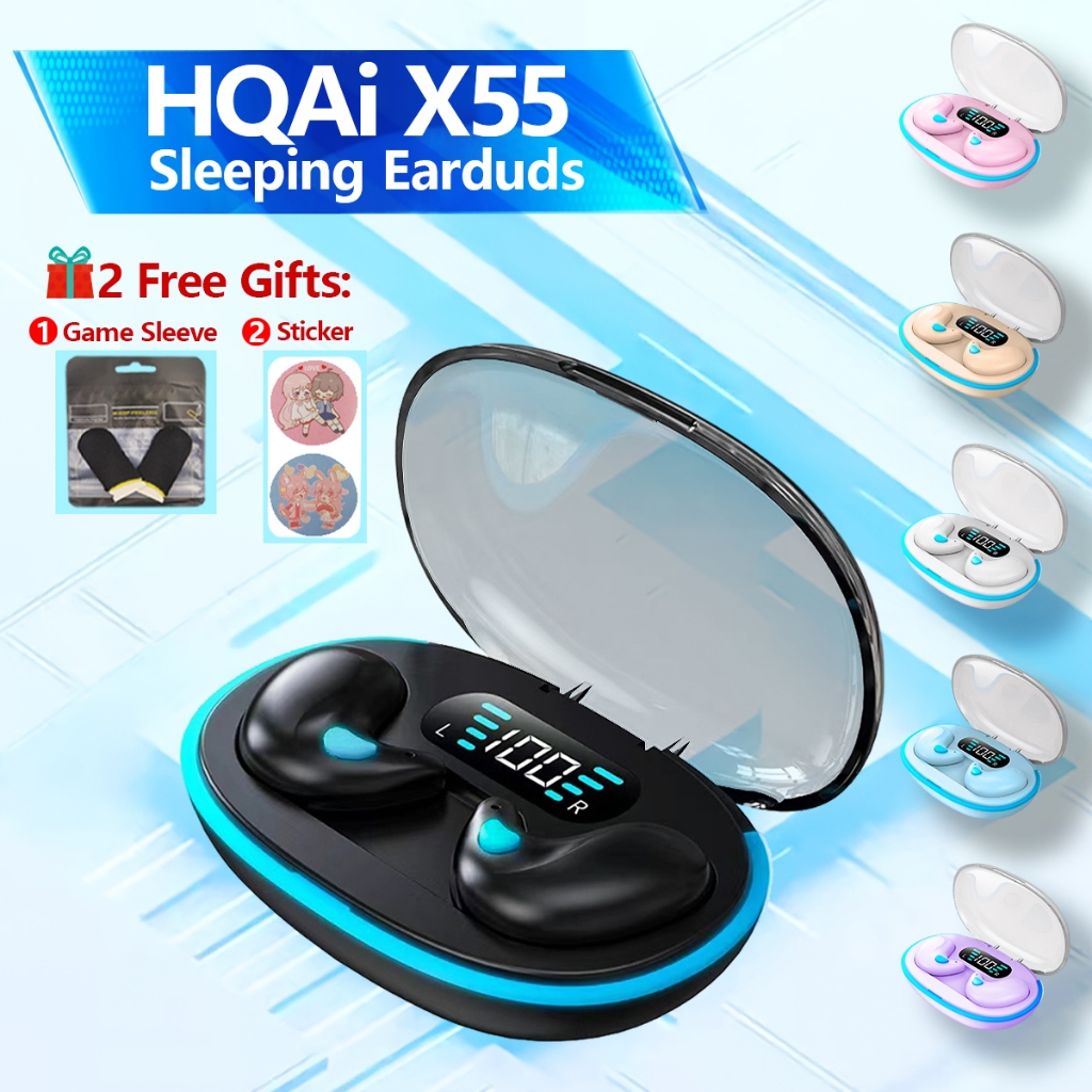 Hqai X55 หูฟัง + ฟรีของขวัญเกมแขน + สติกเกอร์บลูทูธไร้สายแบตเตอรี่ยาวนานหูฟังกันน้ําหูฟังตัดเสียงรบกวนชุดหูฟังเสียง Hi-fi สําหรับโทรศัพท์ทุกรุ่น
