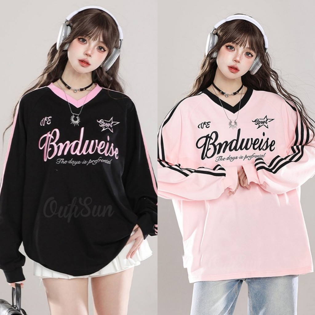 สไตล์เกาหลี เสื้อยืดแขนยาวผู้หญิง Oversize เสื้อยืดคอวีหลวม เสื้อเชิ้ตยาว Unisex Hottrend 2025