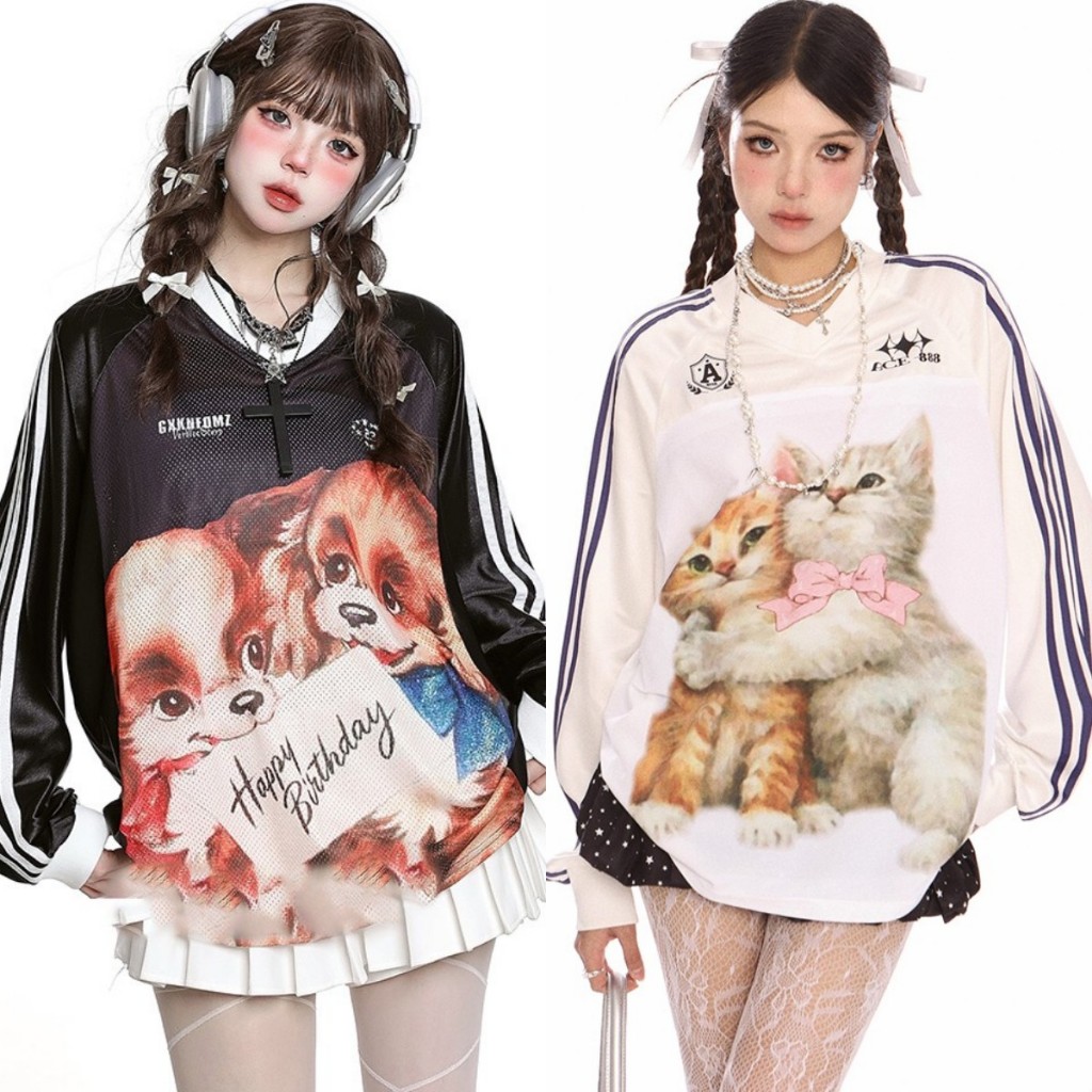 สไตล์เกาหลี Raglan เสื้อยืดแขนยาวสําหรับผู้ชายและผู้หญิงแมวน่ารักและสุนัขพิมพ์เสื้อยืดคอวี Unisxe Oversize เสื้อหลวม Hottrend 2024