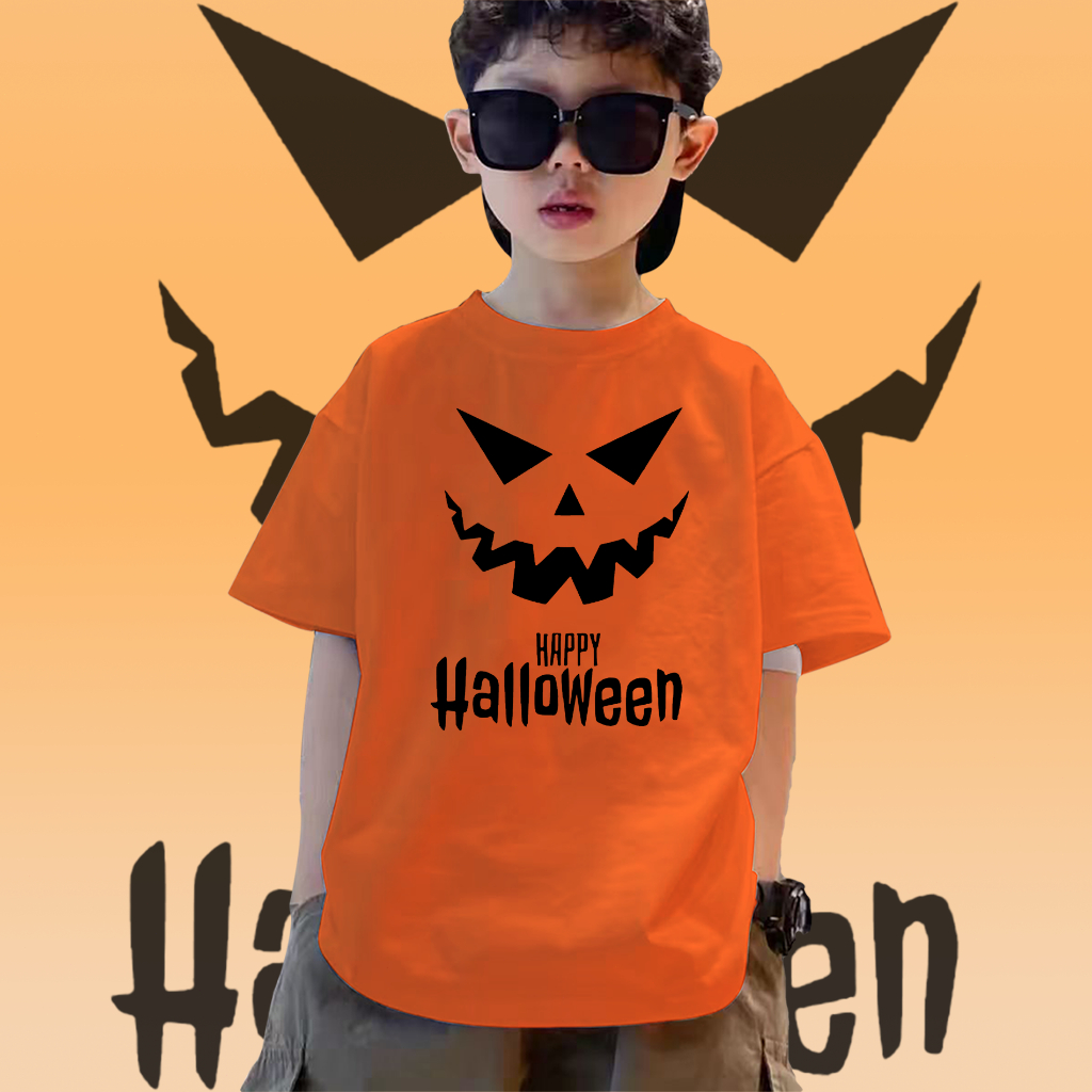 Halloween T-shirt เสื้อเชิ้ตผ้าฝ้ายแขนสั้นคอกลม พิมพ์ลายฟักทองและกระดูกแบบพิเศษ Happy Halloween Children‘s shirt_H011