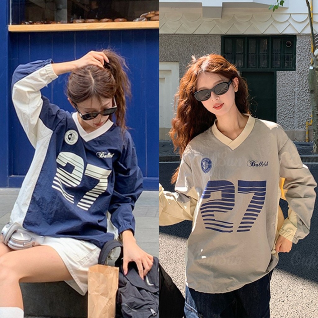 เสื้อยืดแขนยาวผู้ชายและผู้หญิงสไตล์เกาหลี Oversize เสื้อกีฬาคอวีหลวม NO.27 เสื้อยืด Unisex Hottrend 2024