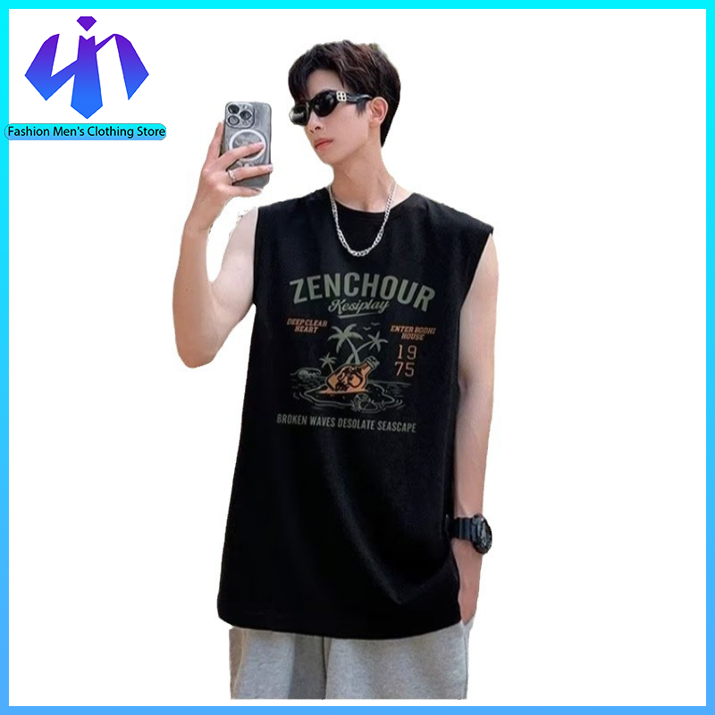 (THสปอต )เสื้อกล้ามผู้ชายใส่ด้านนอกเสื้อยืดแขนกุดผ้าฝ้ายนักเรียนมัธยมต้น