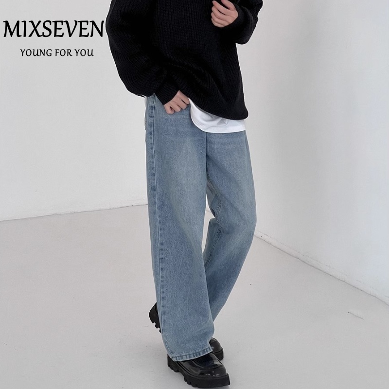 MIXSEVEN พร้อมส่ง กางเกงยีนส์ทรงตรงสีน้ำเงินชาย สัมผัสนุ่มสบาย ทรงหลวม ลำลอง สไตล์เกาหลี แฟชั่นแนวย้อนยุคอินเทรนด์