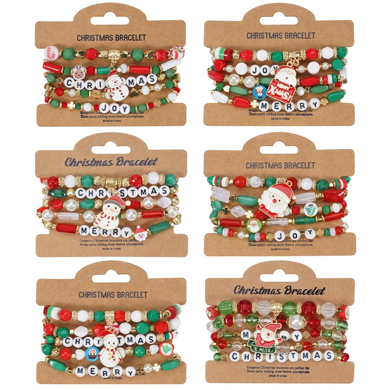 แฟชั่น 5 ชิ้น/เซ็ตคริสต์มาส Santa Claus Snowman สร้อยข้อมือลูกปัดมุกผู้หญิง Xmas ของขวัญ