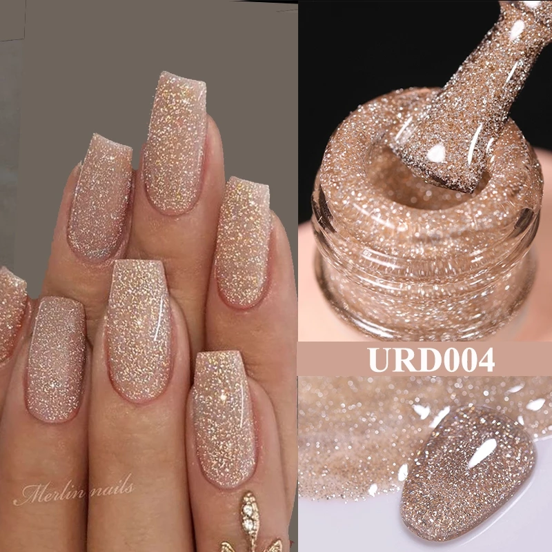 UR SUGAR 15ml แชมเปญทองเจลสะท้อนแสงยาทาเล็บ Glitter วานิชกึ่งถาวร Soak Off UV เจลแต่งเล็บ