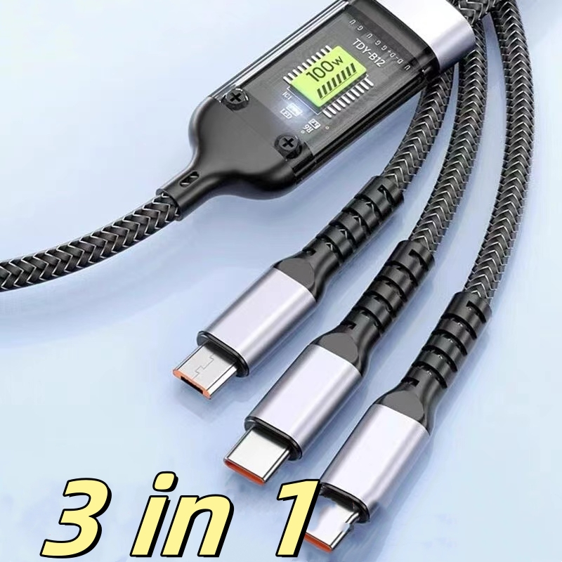 100w 3 in 1 Fast Charging USB Data Cable เหมาะสําหรับ Android Ihpone TypeC แบบพกพา 1.2 M สีดํา