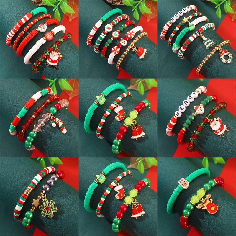 2 ชิ้น 3 ชิ้น 5 ชิ้น Merry Christmas สร้อยข้อมือชุดเกล็ดหิมะที่มีสีสัน Elk Garland Polymer Clay คริสตัลลูกปัดสร้อยข้อมือผู้หญิงแฟชั่นเครื่องประดับ Xmas ของขวัญ Crutches Jingling Bell Santa Claus