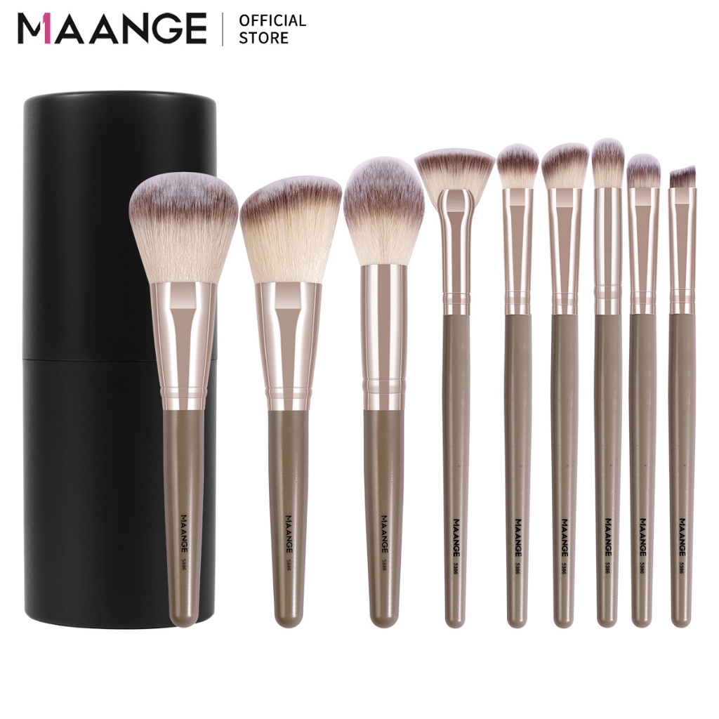 MAANGE ชุดแปรงแต่งหน้า 9 ชิ้นพร้อมกล่องเก็บของ ชุดแปรงแต่งหน้าขนนุ่มที่เหมาะกับผิว ชุดแปรง