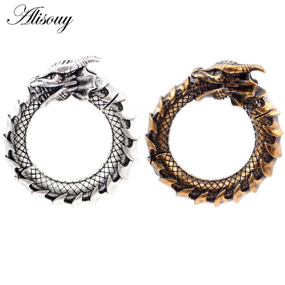 Alisouy 1 ชิ้นวินเทจทองแดงมังกรสัตว์รอบวงกลมหูน้ําหนัก Expander เปลปลั๊กเครื่องวัดต่างหูเจาะร่างกายเครื่องประดับ