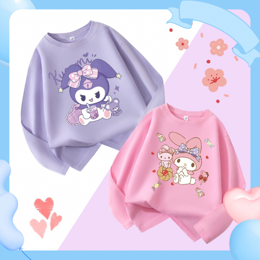 1-12 ปีเด็กเสื้อแขนยาวใหม่สไตล์เกาหลีน่ารัก คุกุ เมโล คิตตี้ การ์ตูนสีพาสเทลออกแบบฤดูใบไม้ผลิและฤดูใบไม้ร่วงเสื้อแฟชั่น
