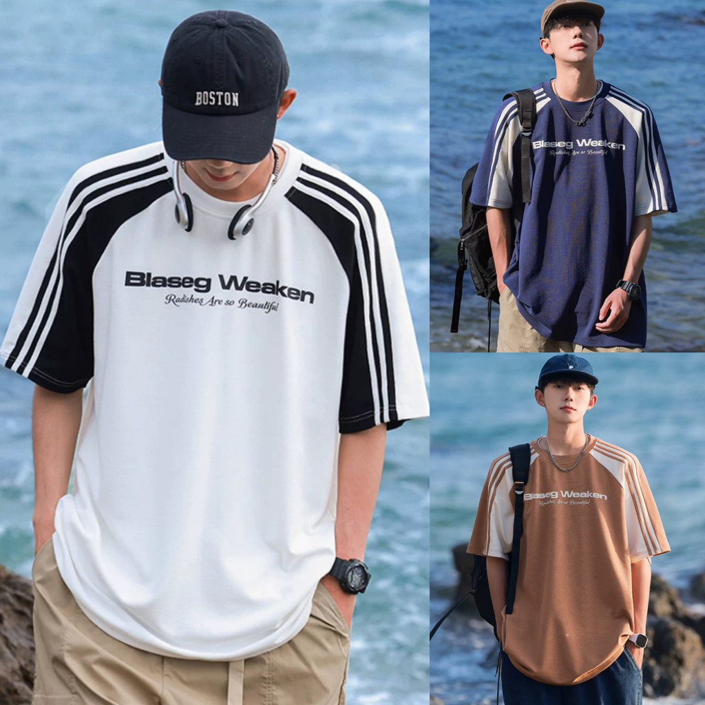 Proman-แขนสั้นลายทางสำหรับผู้ชายฤดูร้อน คอกลมแบบหลวม เสื้อยืดลำลองสไตล์ฮ่องกง มีให้เลือก3สี