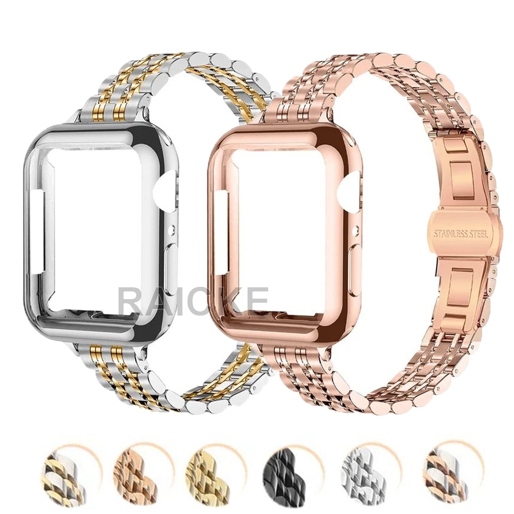 สายสแตนเลสสร้อยข้อมือโลหะพร้อมเคส TPU แบบนุ่มสําหรับ iWatch Series 11/10/9/8/7/6/5/4/3/SE/Ultra 2 49mm 46mm 45mm 41mm 44mm 40mm 42mm