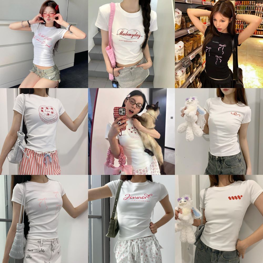 Suitcute A009-0026 เสื้อยืดคอกลมแขนสั้นพิมพ์ลายโบว์ตัวอักษรของแท้ เหมาะสำหรับผู้หญิง
