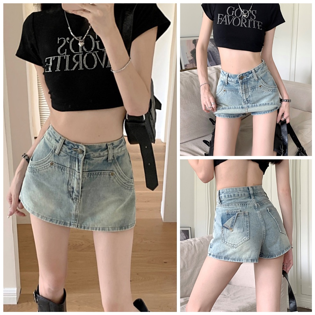 S-6XL กระโปรงยีนส์สาวฮอต ดีไซน์เล็กๆของผู้หญิง กระโปรงสั้นทรงเอ เอวสูง กางเกงชั้นในสะโพก