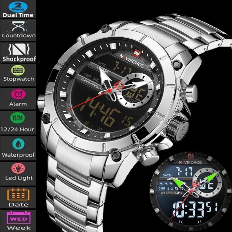 นาวีฟอร์ซ แฟชั่นควอตซ์กีฬาโครโนกราฟบุรุษดิจิตอลอนาล็อกจอแสดงผลนาฬิกากันน้ําสายสแตนเลสชายนาฬิกาปลุก