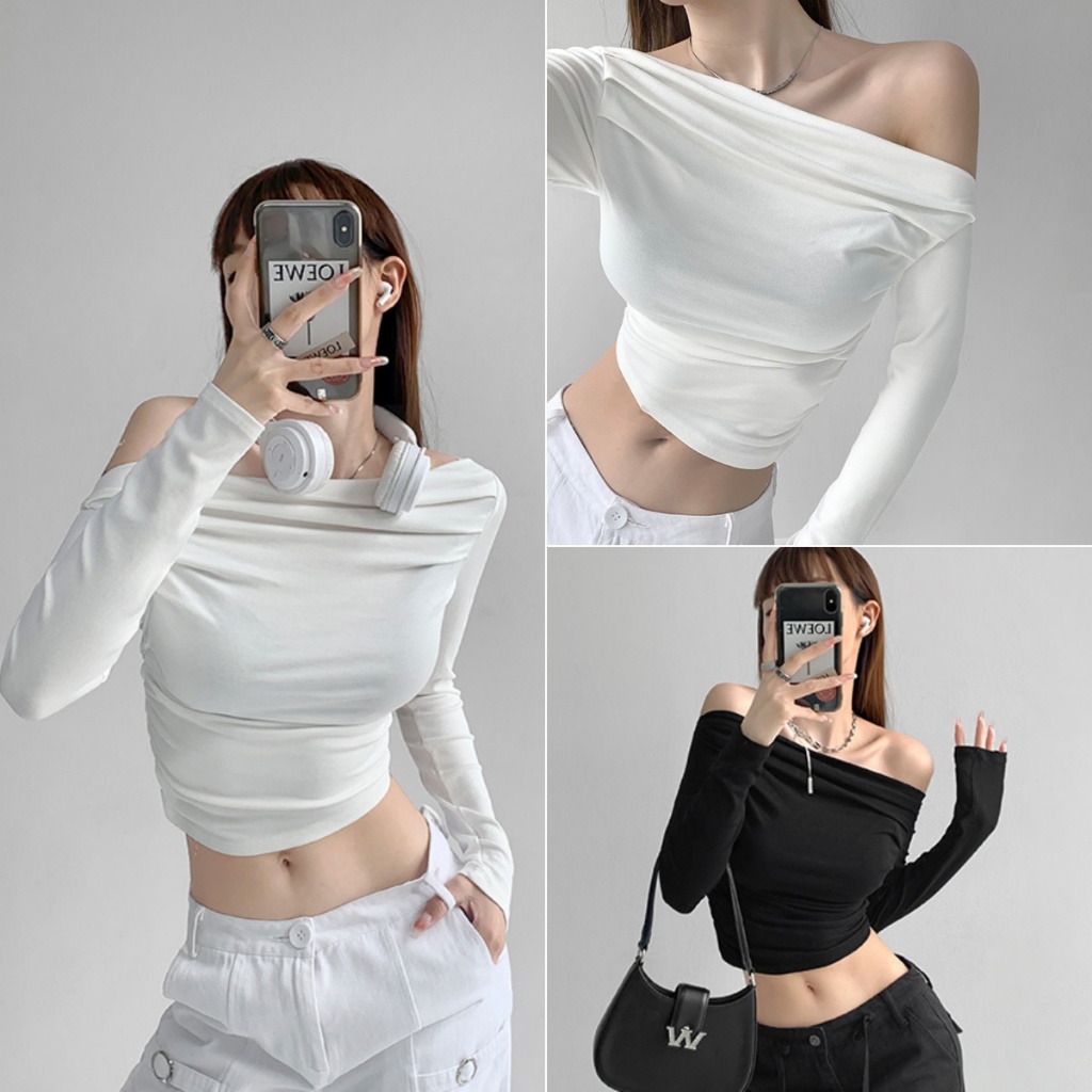 Betty house พร้อมส่ง เสื้อยืดแขนยาวผู้หญิง เสื้อยืดปาดไหล่สั้น ดีไซน์เก๋ไก้และเซ็กซี่ สไตล์ฝรั่งเศส