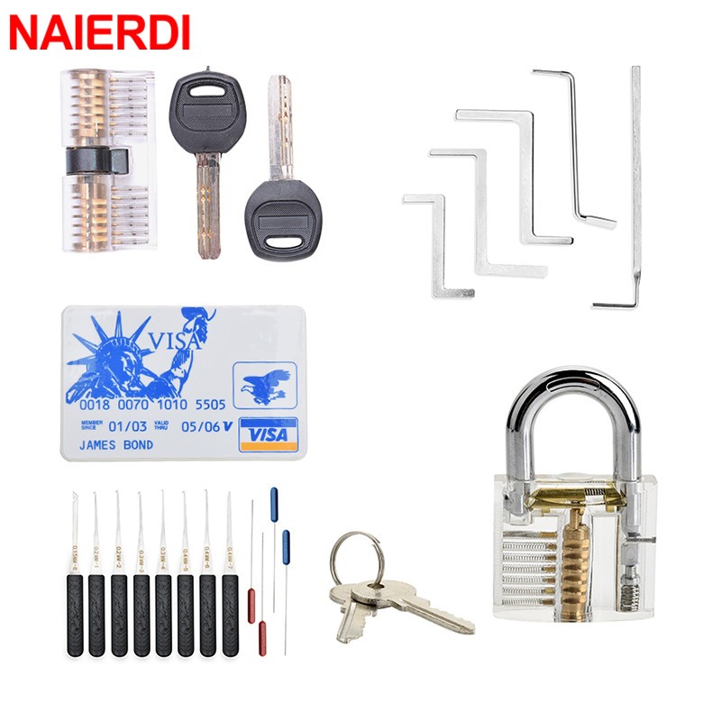 Naierdi เครื่องมือช่างกุญแจ Lock Pick Set Broken Key Extractor พร้อมล็อคโปร่งใสฝึกกุญแจผสม