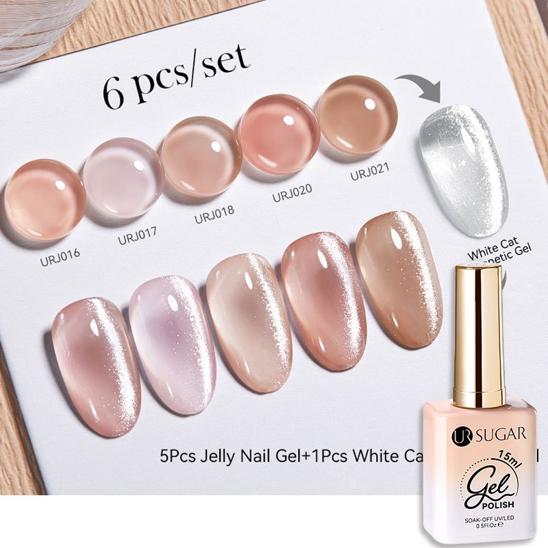Ur SUGAR 6PCS เล็บเจลแม่เหล็กสีขาวพร้อม Pink Nude Jelly เล็บเจลคริสตัล UV Gel Set 15ml
