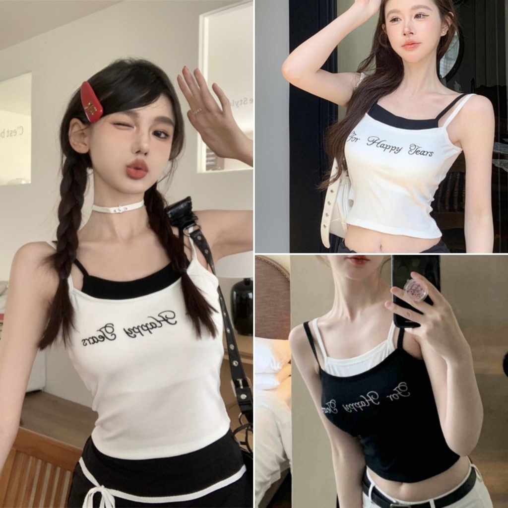 Betty house พร้อมส่ง เสื้อกล้ามผู้หญิง เสื้อยืดสายเดี่ยว ดีไซน์สองชิ้นเย็บ แฟชั่น เซกซี่ มีตัวอักษร