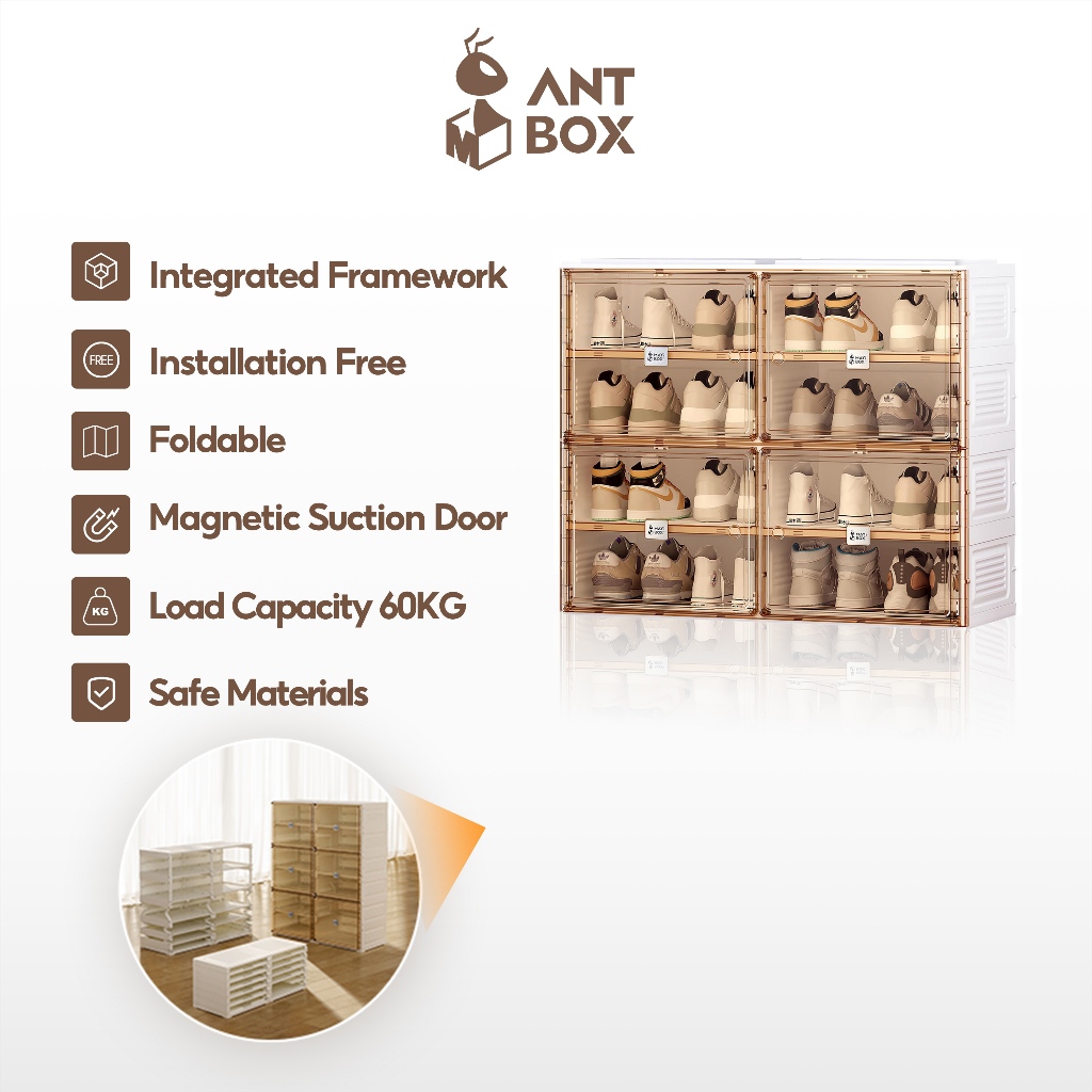 ANTBOX 16 คู่ ตู้รองเท้า ชั้นวางรองเท้า สามารถซ้อนได้หลายชั้น ตู้รองเท้ากันน้ํานอกบ้าน โปร่งใส แข็งแ