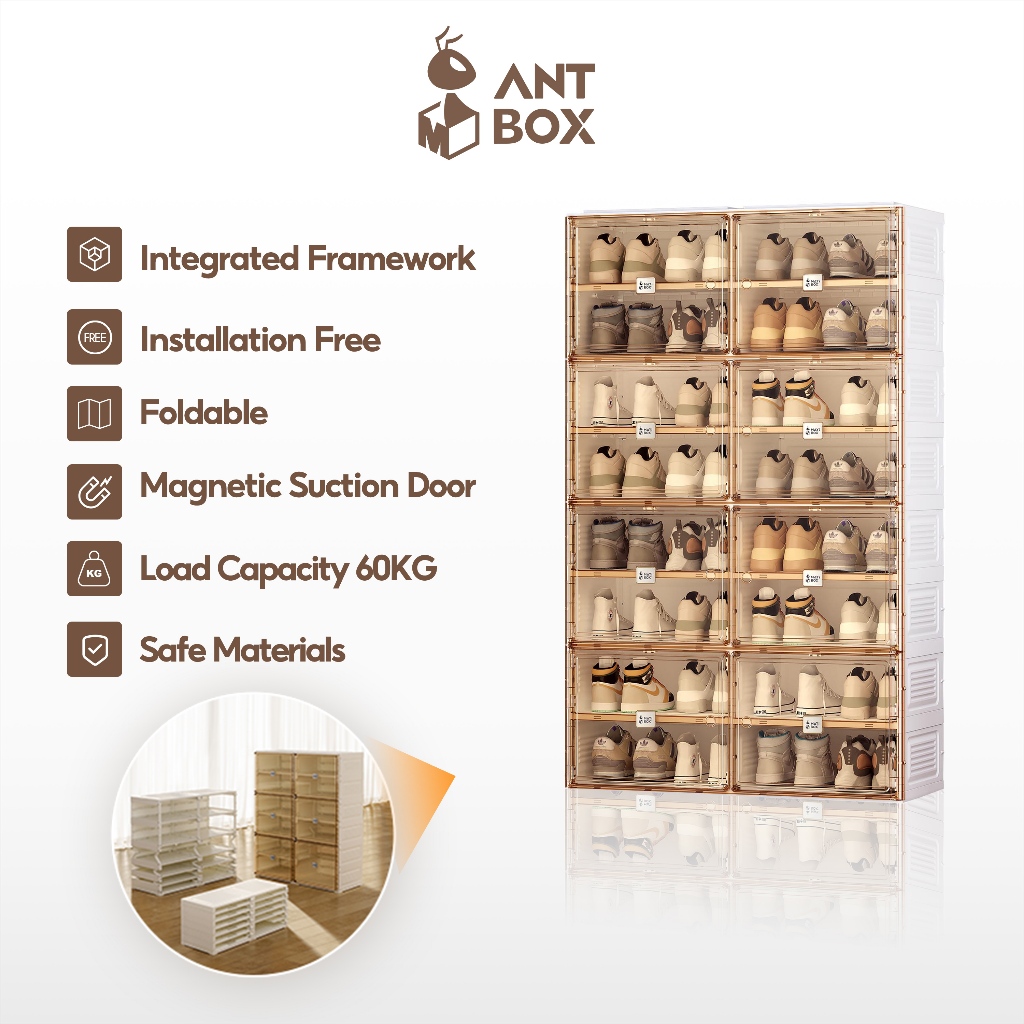 ANTBOX 32 คู่ ตู้รองเท้า ชั้นวางรองเท้า สามารถซ้อนได้หลายชั้น ตู้รองเท้ากันน้ํานอกบ้าน โปร่งใส แข็งแ