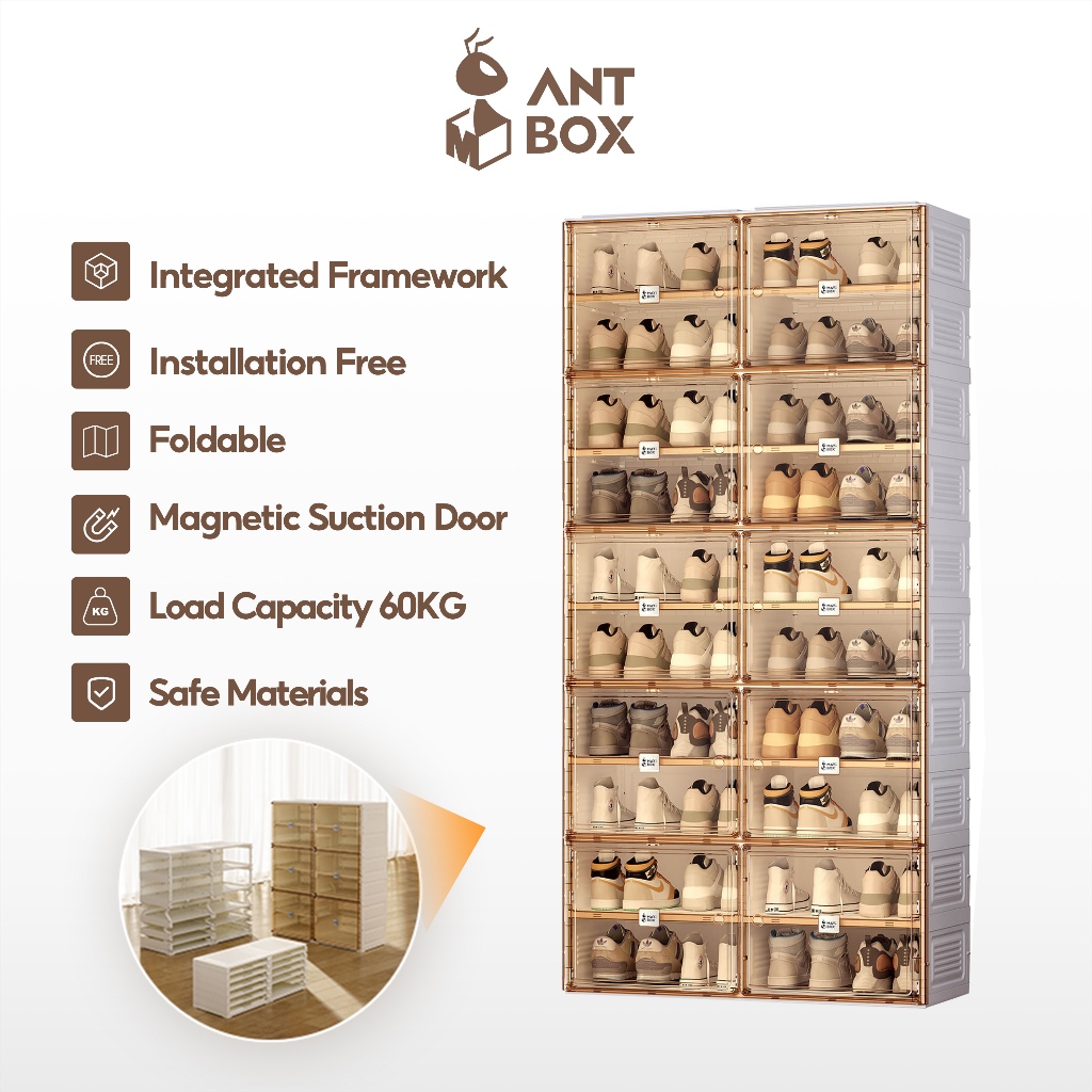 ANTBOX 40 คู่ ตู้รองเท้า ชั้นวางรองเท้า สามารถซ้อนได้หลายชั้น ตู้รองเท้ากันน้ํานอกบ้าน โปร่งใส แข็งแ