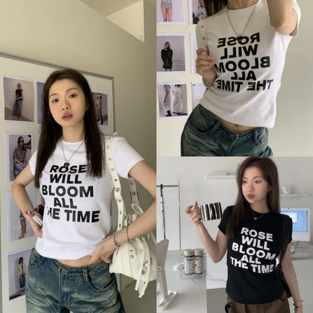 Bella Shop 🌻 เสื้อยืดแขนสั้นคอกลมตัวอักษรอเมริกันสำหรับผู้หญิงเสื้อสั้นทันสมัยมีเอกลักษณ์และหลากหลาย