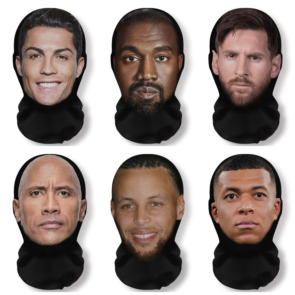 หมวกตัวละครชื่อดัง messi, ronaldo, stephen curry, Mbappe, the rock, หมวกคอสเพลย์หัวหน้ากากไม่มีรอยต่อ
