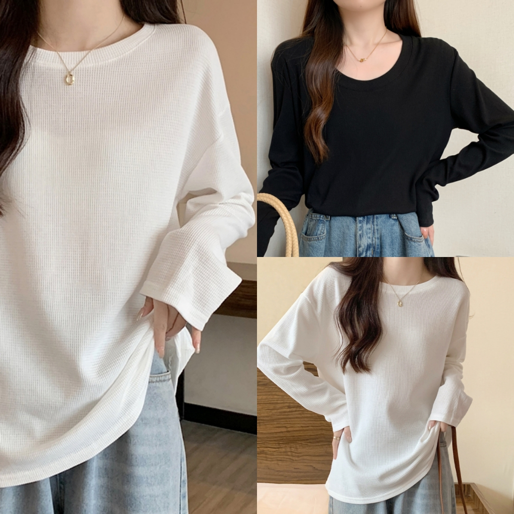 Bella shop ลดอายุสไตล์ญี่ปุ่น เสื้อยืดแขนยาวทรงหลวมผ้าวาฟเฟิล