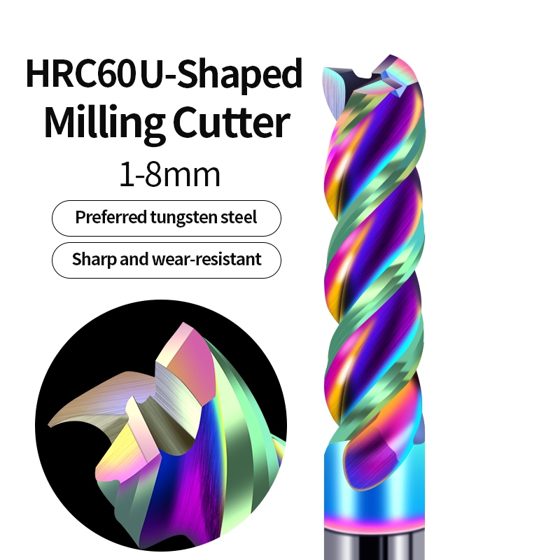 HRC60 อลูมิเนียมสีสันสดใสเครื่องตัดมิลลิ่งรูปตัวยู 1-8 มม. เหล็กทังสเตน 3-Flute โรงสีปลายคาร์ไบด์