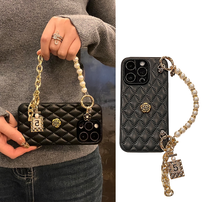 เพชรหนัง Grain/Chanel Pearl Chain เหมาะสําหรับ iPhone 17 Air 16 15 14 13 12 11 PRO Max เคสโทรศัพท์รวมทุกอย่าง Shock-Resistant