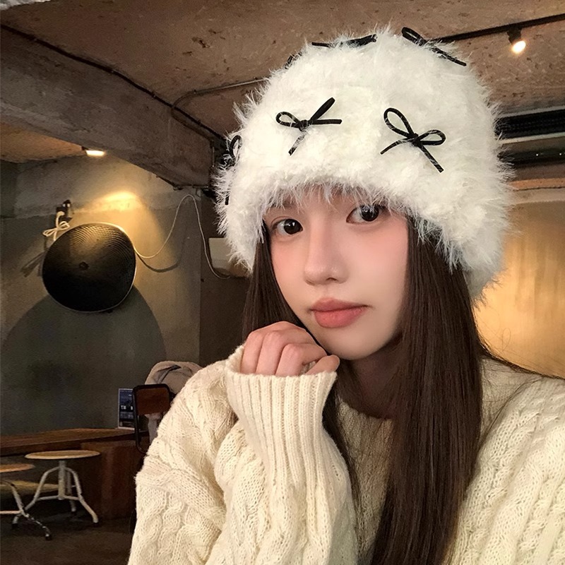 หวานน่ารักกุทัณฑ์หมวกทําด้วยผ้าขนสัตว์หญิงฤดูใบไม้ร่วงฤดูหนาวเวอร์ชั่นเกาหลีสไตล์ใหม่ใบหน้าดูขนาดเล็กถักเย็น @