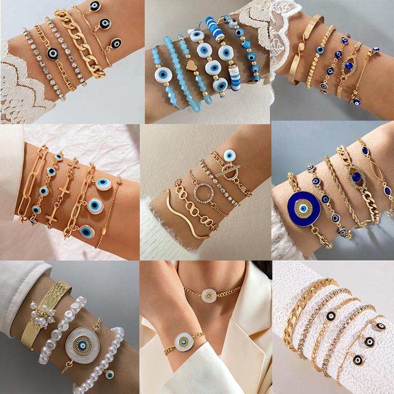 Zhengyou Devils Eye Round Bead Eye Multi layer Stacked Bracelet Set หล่อและเท่