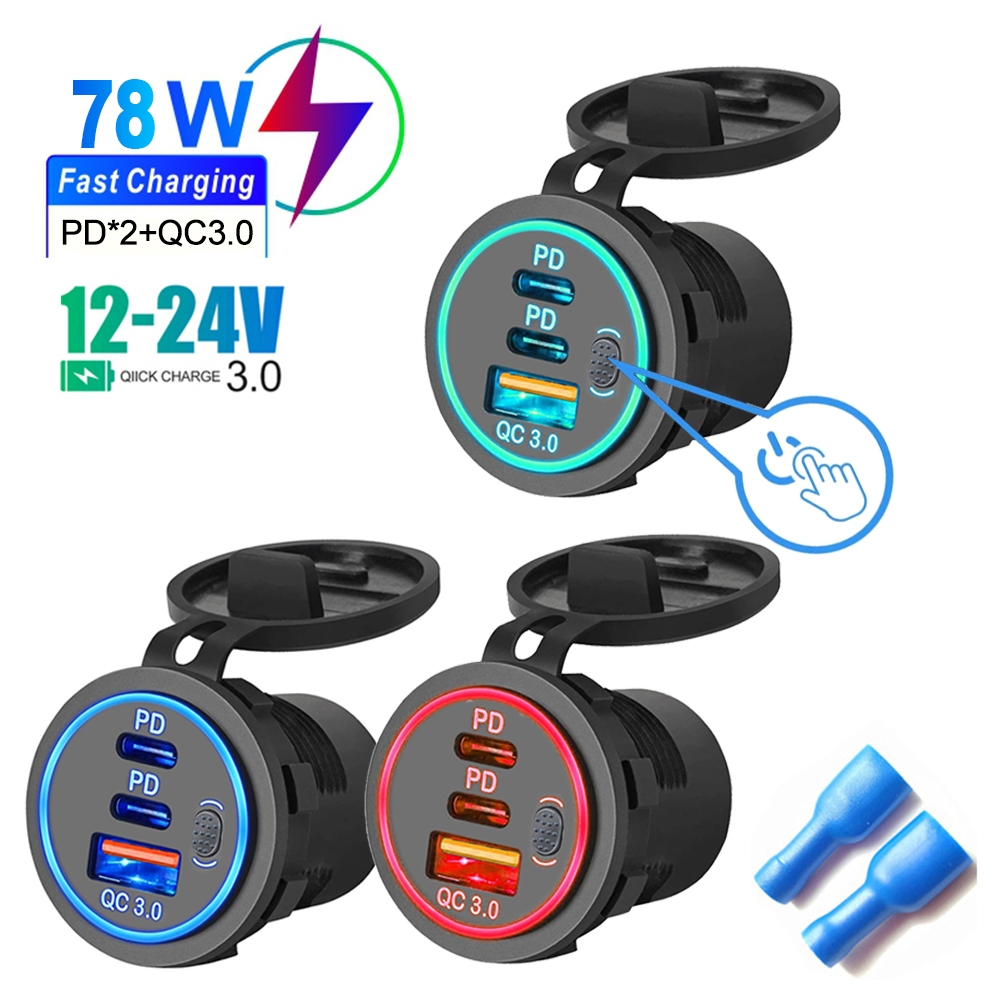Car Charger Socket PD3.0 และ QC3.0 พอร์ต USB C คู่กันน้ํา LED Touch Switch 78W Fast Charging 12 V/24 V สําหรับ Moto อะแดปเตอร์