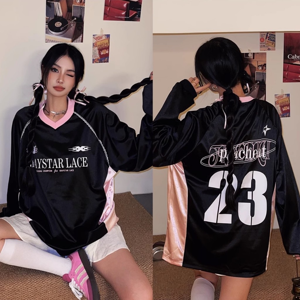 เสื้อยืดแขนยาวผู้ชายและผู้หญิงสไตล์เกาหลี Oversize หลวมคอวีเสื้อยืด Unisex NO.23 เสื้อเชิ้ตแขนยาวกีฬา Hottrend 2024